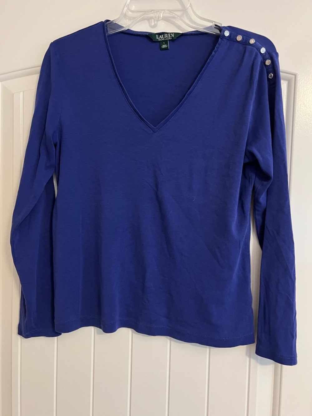 Ralph Lauren Women's V-Neck Long Sleeve Top in Royal Blue with Shoulder Buttons